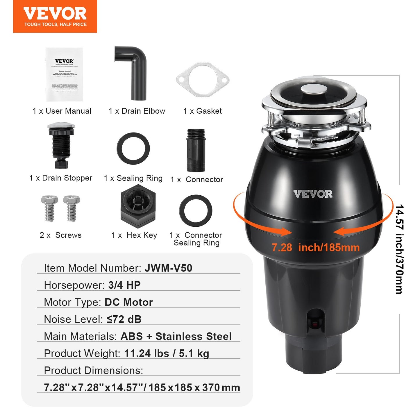 Garbage Disposal, 3/4 HP 3260RPM Continuous Feed Food Waste Disposer, 3-Bolt Mount Food Waste Grinding System with Sound Reduction, Power Cord & Splash Guard for Kitchen Sinks