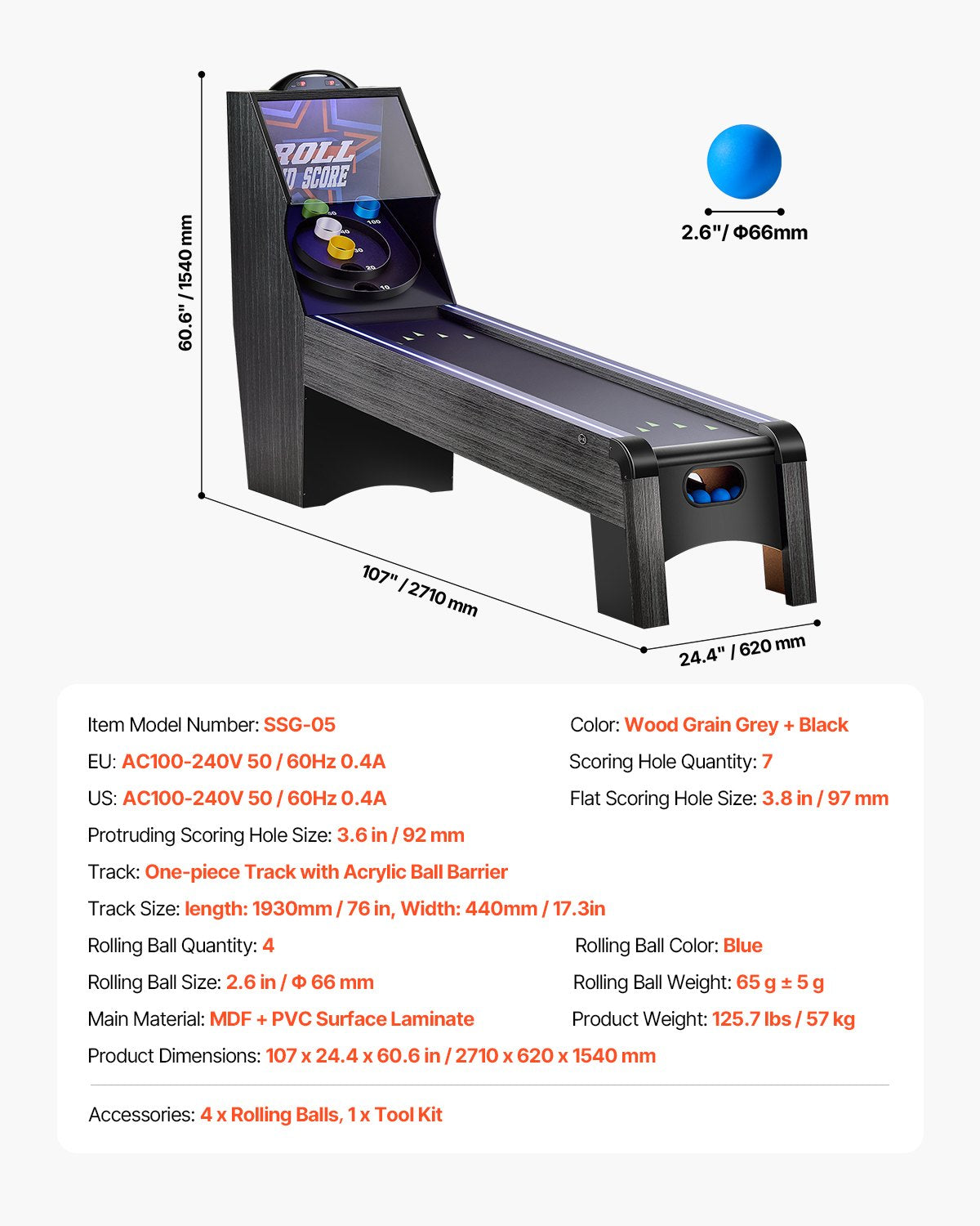 9' Roll and Score Classic Arcade Game Table, Skee Ball Arcade, with LED Electronic Scorer & Track Lighting, Sound, Automatic Ball Return, Adults Kids Home Recreation Game Room, 4 Balls Included