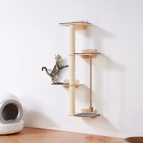 4 Tiers Tall Cat Tree, Cat Wall Furniture Set with 4 Jumping Boards, Wall-Mounted Cat Floating Shelf up to 40 lbs, 12 mm Pine Wood Cat Perch for Sleeping, Playing, and Climbing