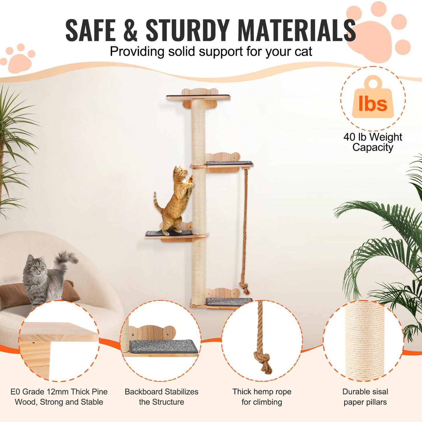 4 Tiers Tall Cat Tree, Cat Wall Furniture Set with 4 Jumping Boards, Wall-Mounted Cat Floating Shelf up to 40 lbs, 12 mm Pine Wood Cat Perch for Sleeping, Playing, and Climbing