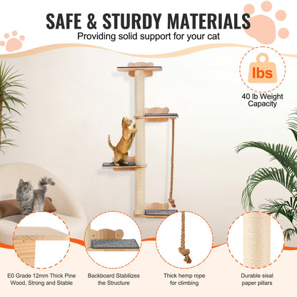 4 Tiers Tall Cat Tree, Cat Wall Furniture Set with 4 Jumping Boards, Wall-Mounted Cat Floating Shelf up to 40 lbs, 12 mm Pine Wood Cat Perch for Sleeping, Playing, and Climbing