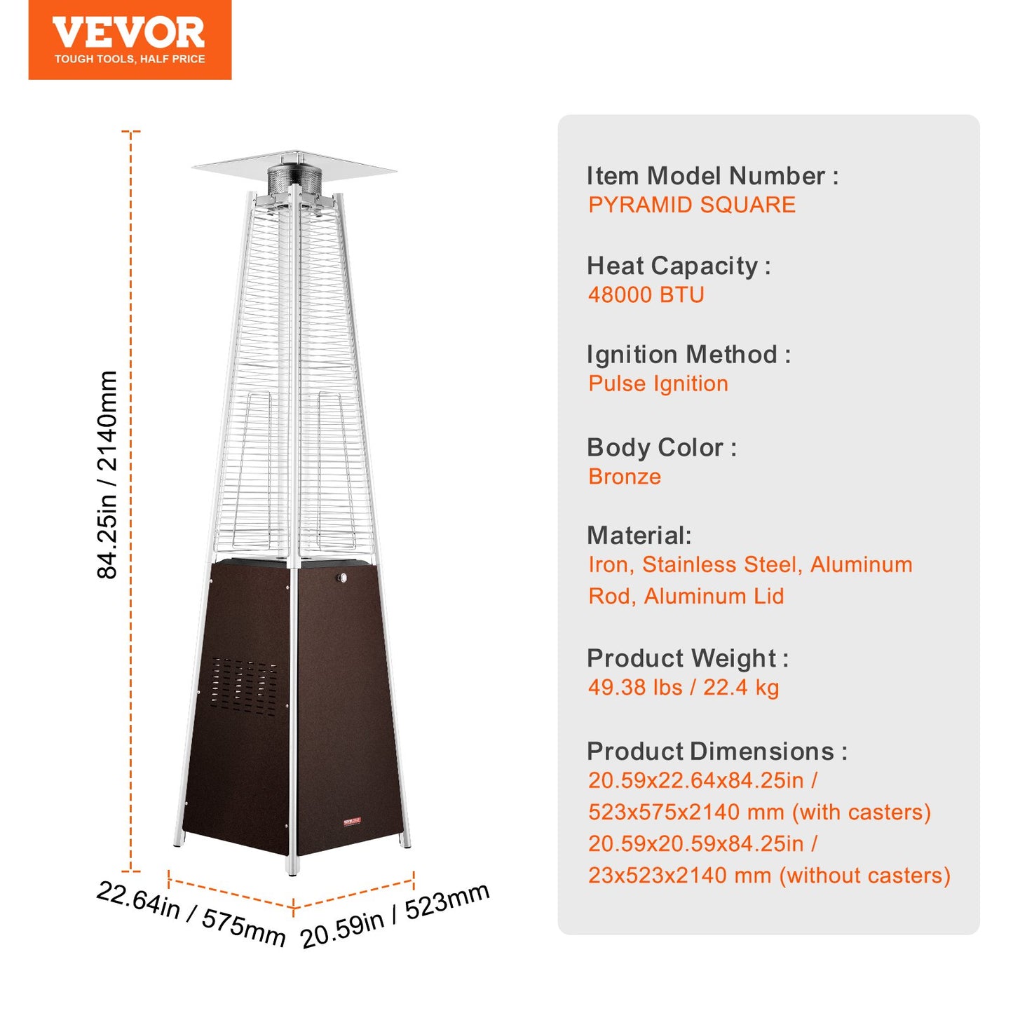 Propane Patio Heater 48000BTU Pyramid w/Wheels for Outdoor Patio Bronze
