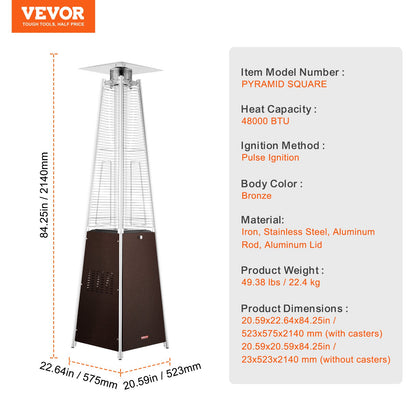 Propane Patio Heater 48000BTU Pyramid w/Wheels for Outdoor Patio Bronze