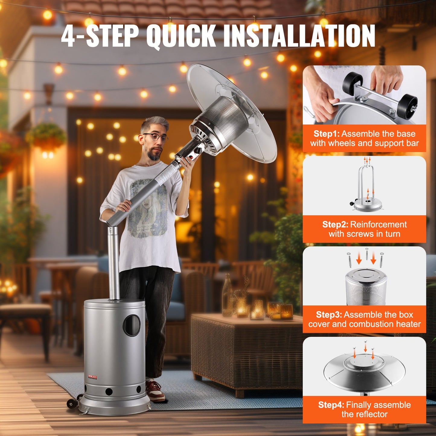 Propane Patio Heater 50000BTU Tall Hammered w/Round Table Outdoor Silver