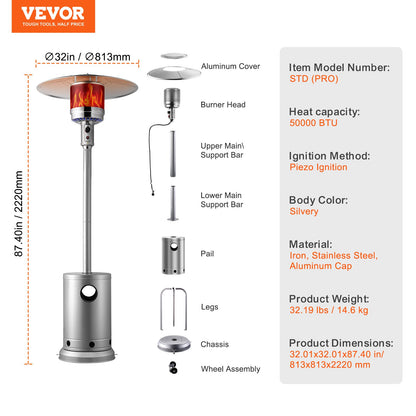 Propane Patio Heater 50000BTU Tall Hammered w/Round Table Outdoor Silver