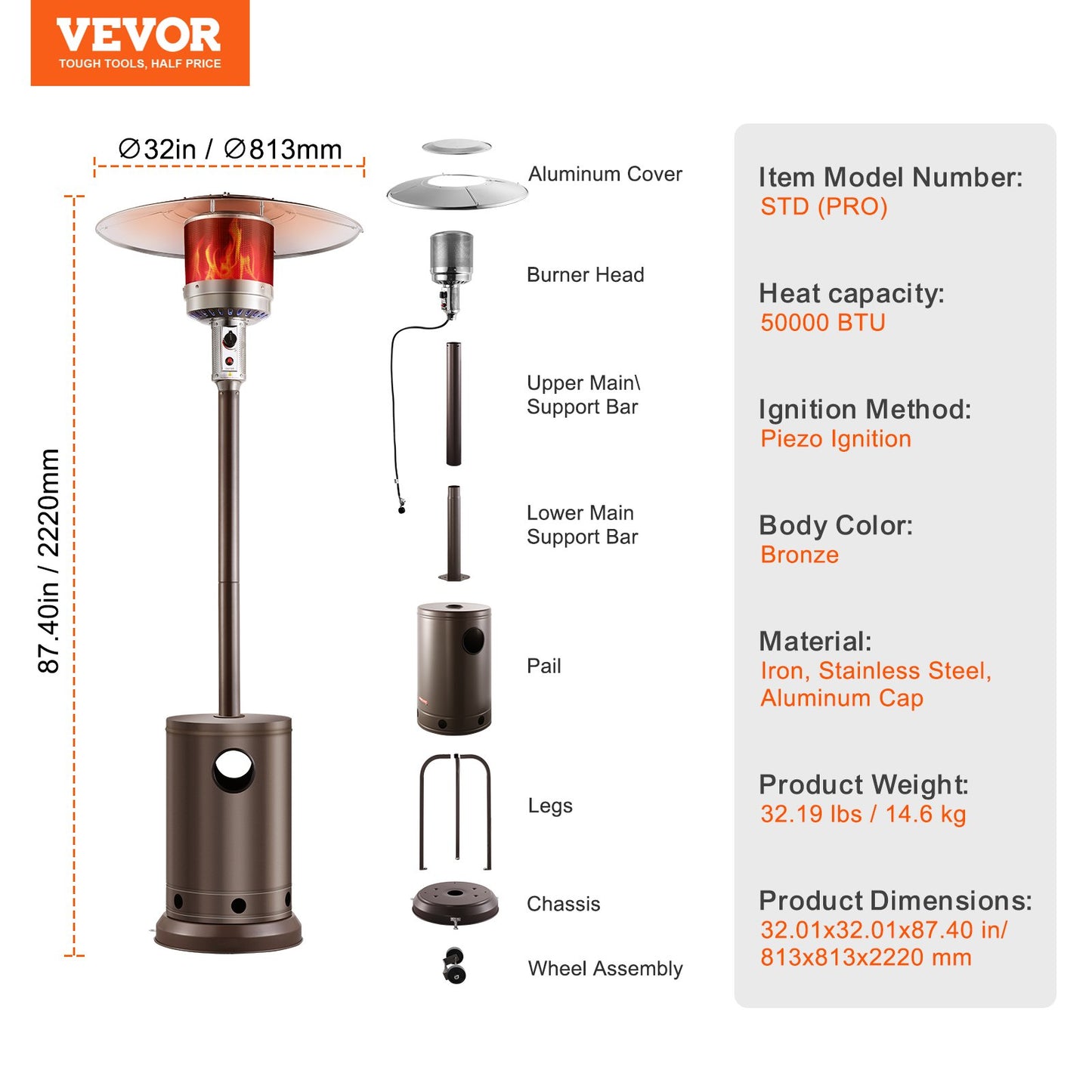 Patio Heater for Outdoor Use, 50000BTU Propane Heater Tall Hammered With Round Table Design, Metal Burner and Wheels, Fixed Outdoor Patio Flame Heater for Patio, Party, Backyard, Garden, Bronze