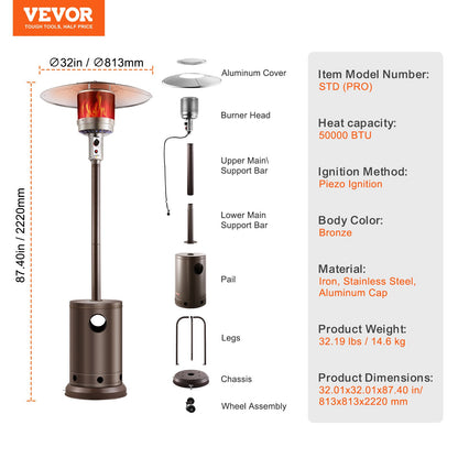 Patio Heater for Outdoor Use, 50000BTU Propane Heater Tall Hammered With Round Table Design, Metal Burner and Wheels, Fixed Outdoor Patio Flame Heater for Patio, Party, Backyard, Garden, Bronze