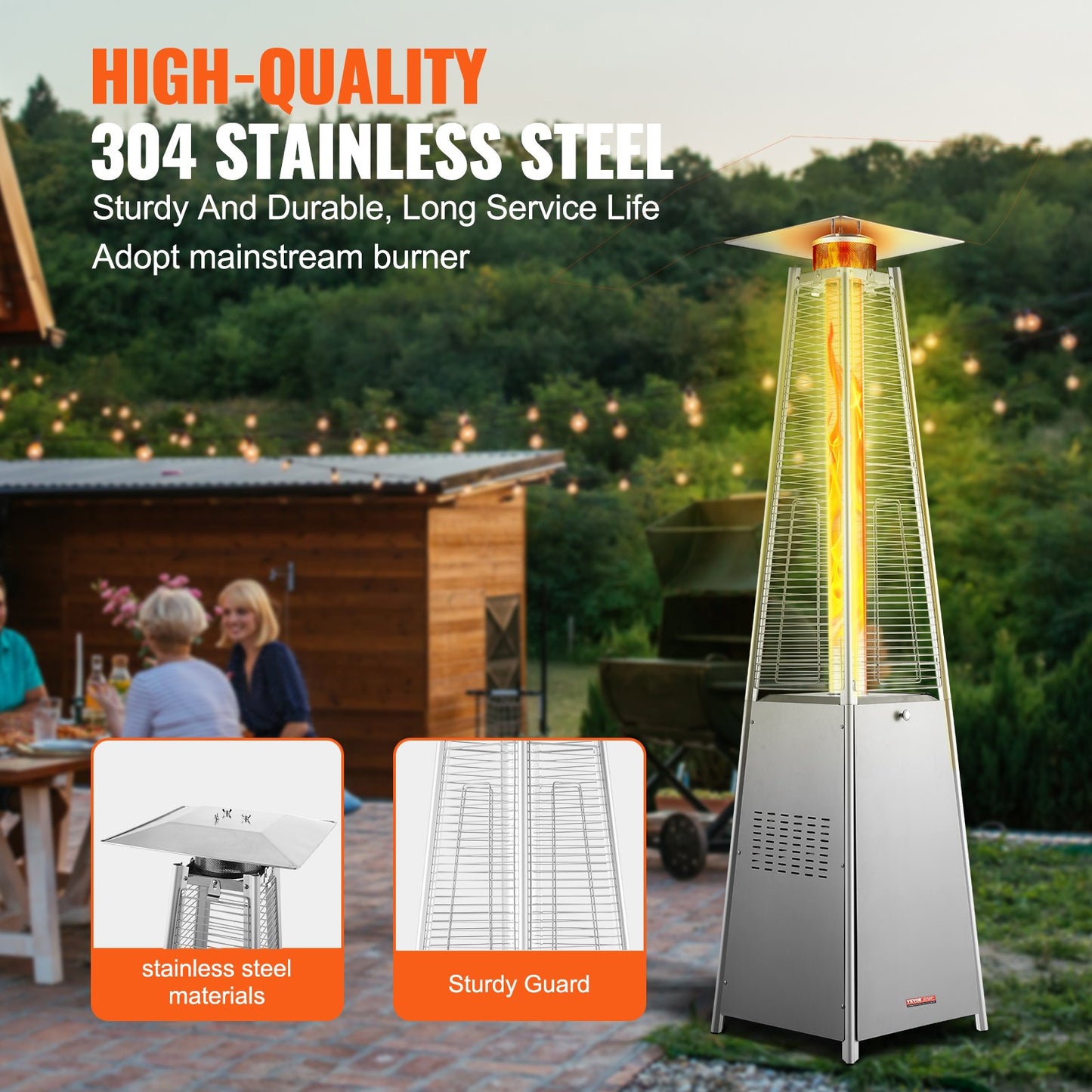 Patio Heater for Outdoor Use, 48000BTU Pyramid Propane Heater w/Wheels, Quartz Glass Tube Outdoor Patio Flame Heater for Patio, Party, Backyard, Garden, Decoration, Silver