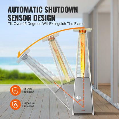 Patio Heater for Outdoor Use, 48000BTU Pyramid Propane Heater w/Wheels, Quartz Glass Tube Outdoor Patio Flame Heater for Patio, Party, Backyard, Garden, Decoration, Silver