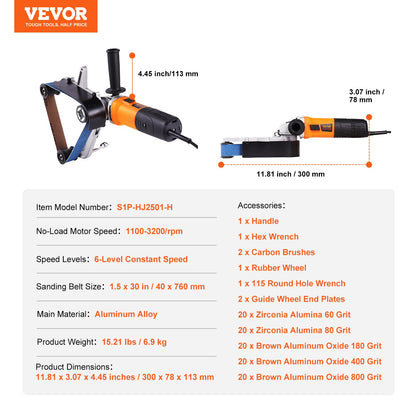 Pipe Tube Polisher Sander, 1000W Pipe Belt Sander with 6 Variable Speeds 1100-3200rpm, Professional Belt Sander Grinding Machine with 100PCS Sanding Belts for Burnishing Finishing Rust Removal