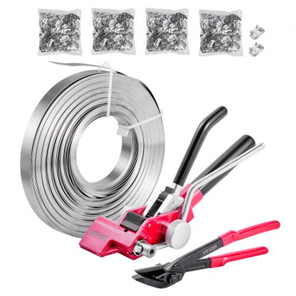 Steel Banding Strapping Kit, Heavy Duty Banding Sealer Tool with 400 ft Binding Straps, 400 Metal Clasps, Manual Pallet Packaging Strapping Kit for Warehouse, Transportation, Industrial Bundling