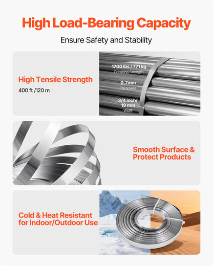 Steel Banding Strapping Kit, Heavy Duty Banding Sealer Tool with 400 ft Binding Straps, 400 Metal Clasps, Manual Pallet Packaging Strapping Kit for Warehouse, Transportation, Industrial Bundling