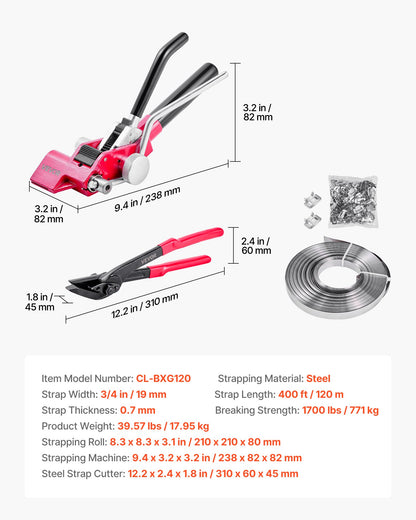 Steel Banding Strapping Kit, Heavy Duty Banding Sealer Tool with 400 ft Binding Straps, 400 Metal Clasps, Manual Pallet Packaging Strapping Kit for Warehouse, Transportation, Industrial Bundling