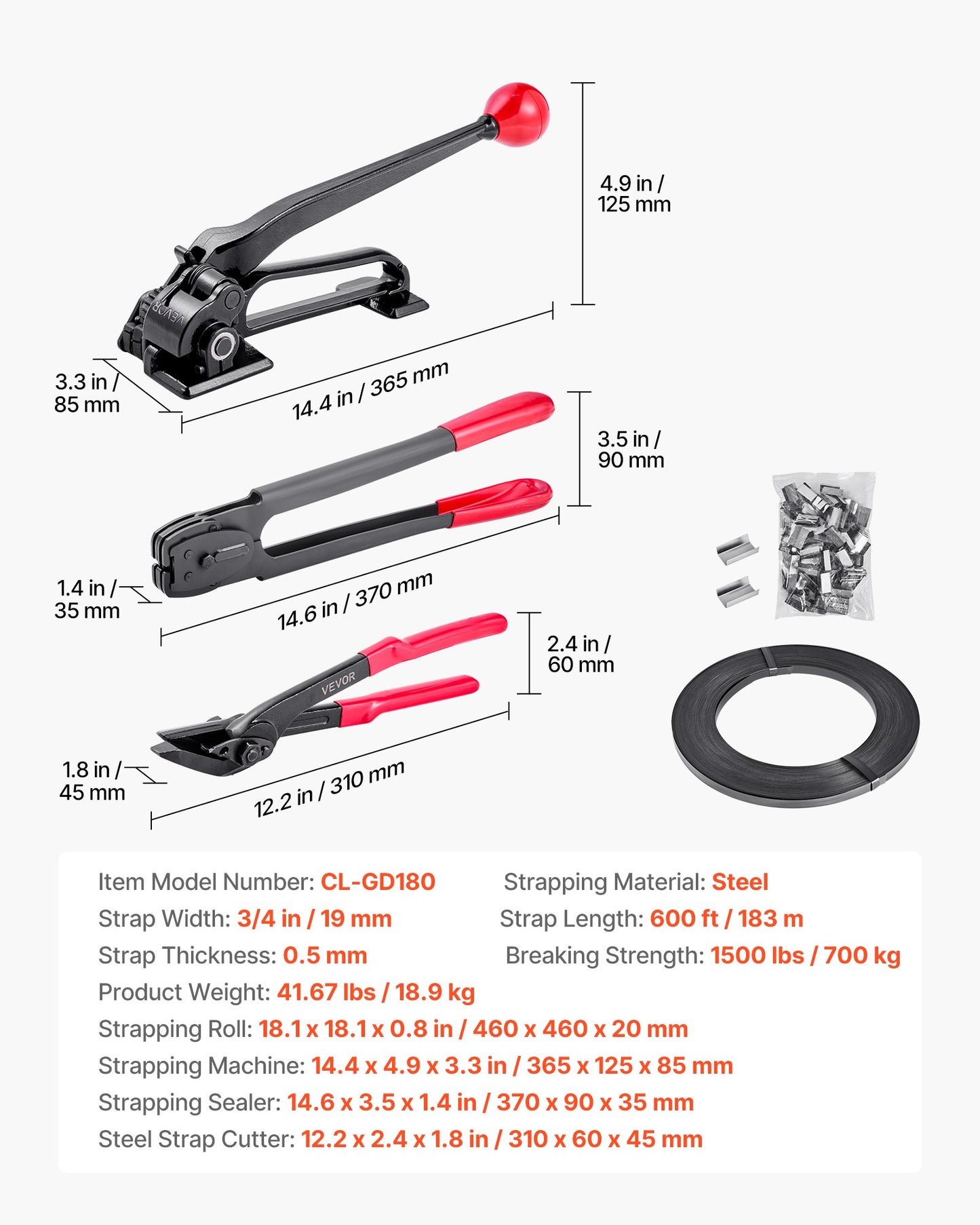 Steel Banding Strapping Kit, Heavy Duty Banding Sealer Tool with 600 ft Binding Straps, 300 Metal Seals, Manual Pallet Packaging Strapping Kit for Warehouse, Transportation, Industrial Bundling