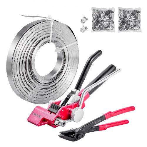 Steel Banding Strapping Kit, Heavy Duty Banding Sealer Tool with 200 ft Binding Straps, 200 Metal Clasps, Manual Pallet Packaging Strapping Kit for Warehouse, Transportation, Industrial Bundling