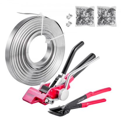 Steel Banding Strapping Kit, Heavy Duty Banding Sealer Tool with 200 ft Binding Straps, 200 Metal Clasps, Manual Pallet Packaging Strapping Kit for Warehouse, Transportation, Industrial Bundling