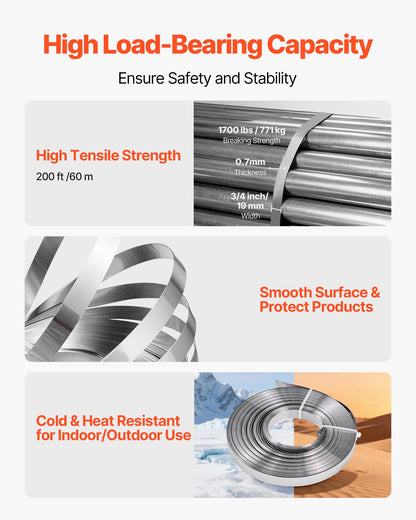 Steel Banding Strapping Kit, Heavy Duty Banding Sealer Tool with 200 ft Binding Straps, 200 Metal Clasps, Manual Pallet Packaging Strapping Kit for Warehouse, Transportation, Industrial Bundling