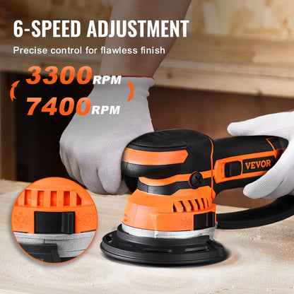 Random Orbital Sander, 6-Inch DA & GA Dual Action Orbital Sander, 850W 7400PRM 6 Variable Speed Electric Palm Sander with 10PCS Sandpapers, Dust Connector for Woodworking Detailing Sanding