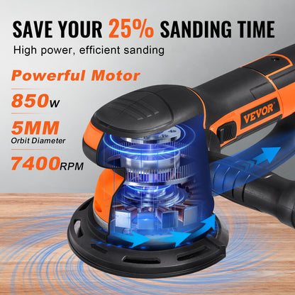 Random Orbital Sander, 6-Inch DA & GA Dual Action Orbital Sander, 850W 7400PRM 6 Variable Speed Electric Palm Sander with 10PCS Sandpapers, Dust Connector for Woodworking Detailing Sanding