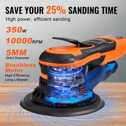 Random Orbital Sander 6-Inch, 350W Brushless Orbital Sander, 10,000 PRM 6 Variable Speed Electric Palm Sander with 10PCS Sandpapers, Dust Connector & Hose for Woodworking Detailing Sanding