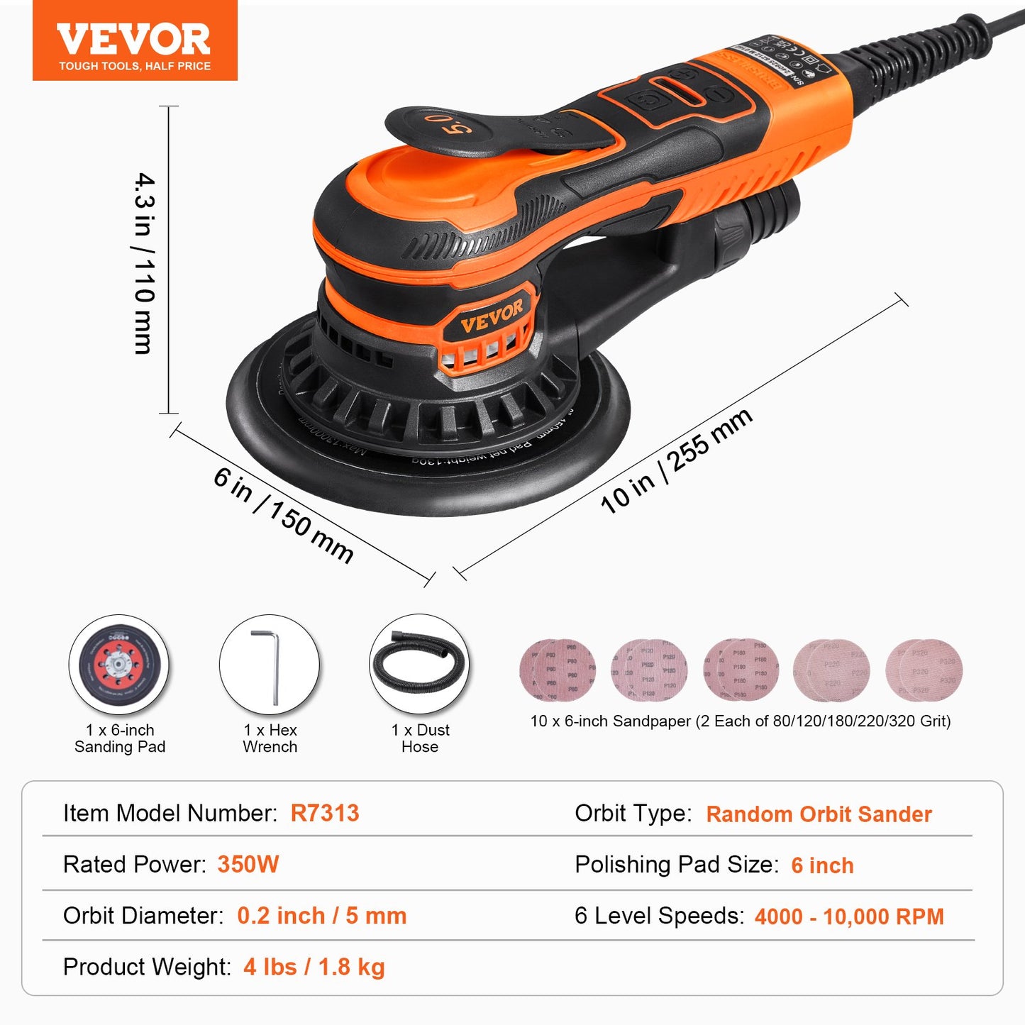 Random Orbital Sander 6-Inch, 350W Brushless Orbital Sander, 10,000 PRM 6 Variable Speed Electric Palm Sander with 10PCS Sandpapers, Dust Connector & Hose for Woodworking Detailing Sanding