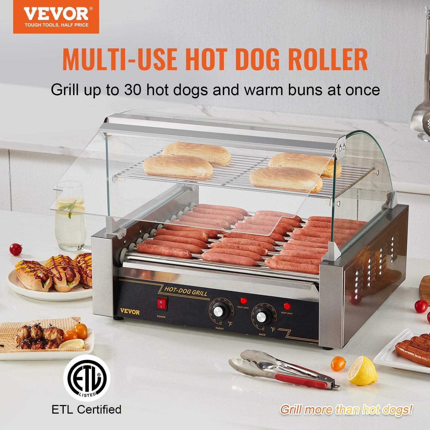 Hot Dog Roller, 11 Rollers 30 Hot Dogs Capacity, 1650W Stainless Sausage Grill Cooker Machine with Dual Temp Control Glass Hood Acrylic Cover Bun Warmer Shelf Removable Drip Tray, ETL Certified
