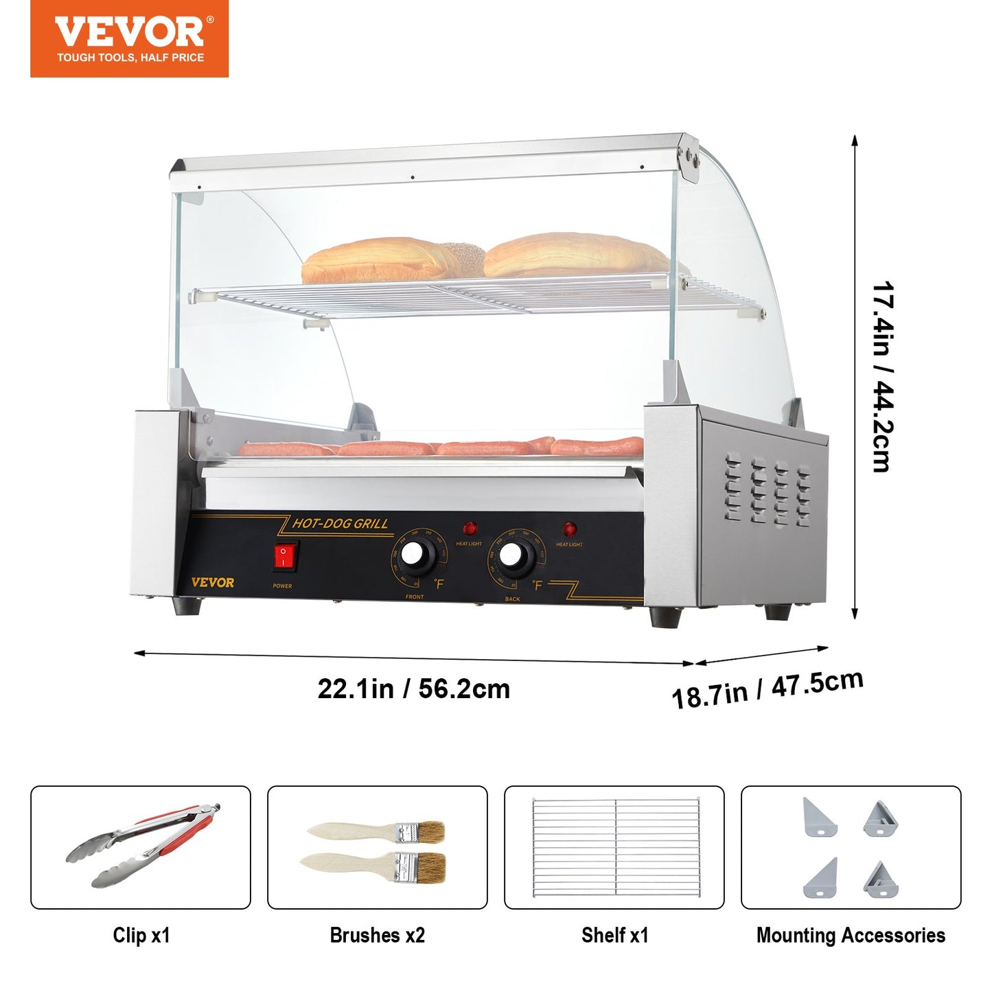 Hot Dog Roller, 11 Rollers 30 Hot Dogs Capacity, 1650W Stainless Sausage Grill Cooker Machine with Dual Temp Control Glass Hood Acrylic Cover Bun Warmer Shelf Removable Drip Tray, ETL Certified