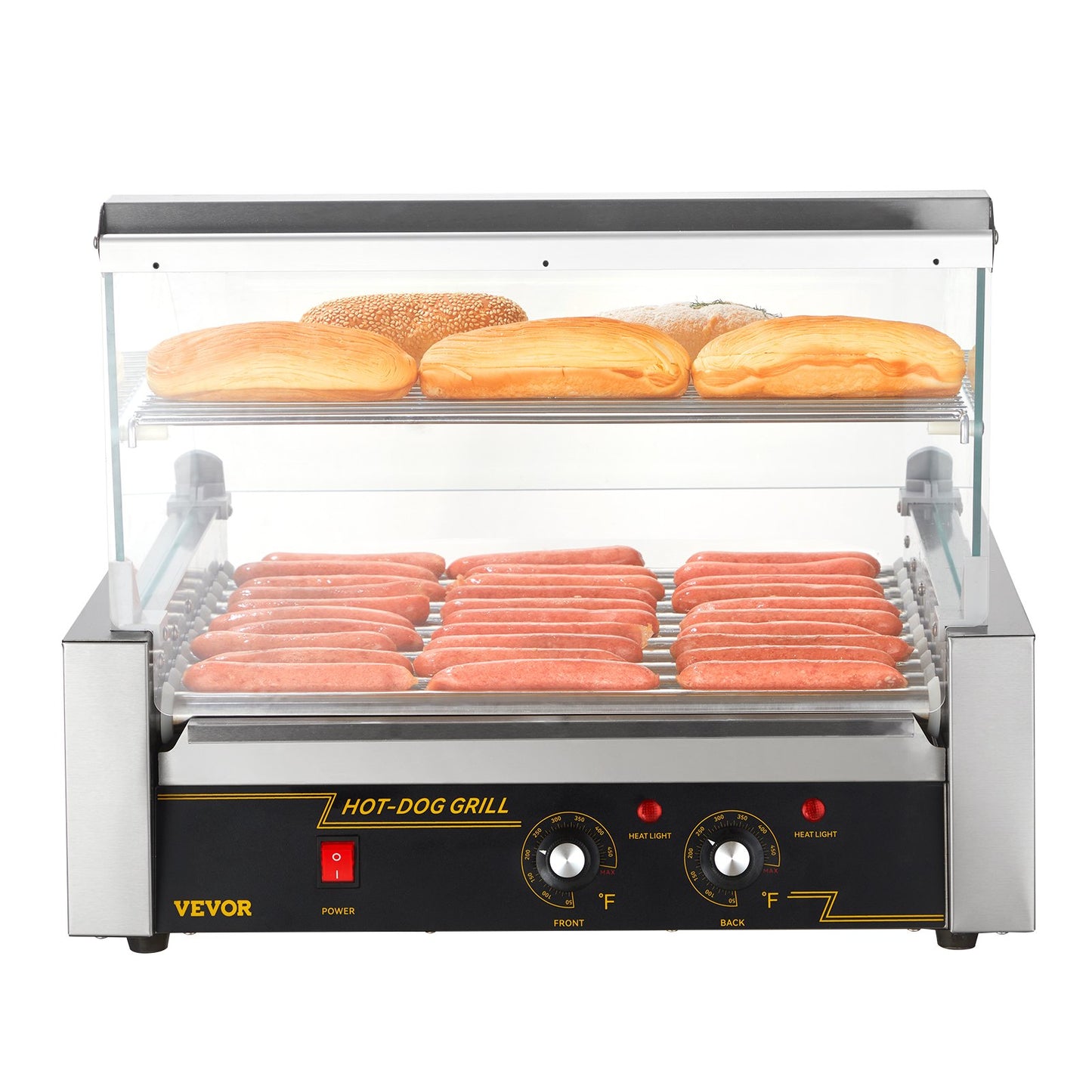 Hot Dog Roller, 11 Rollers 30 Hot Dogs Capacity, 1650W Stainless Sausage Grill Cooker Machine with Dual Temp Control Glass Hood Acrylic Cover Bun Warmer Shelf Removable Drip Tray, ETL Certified