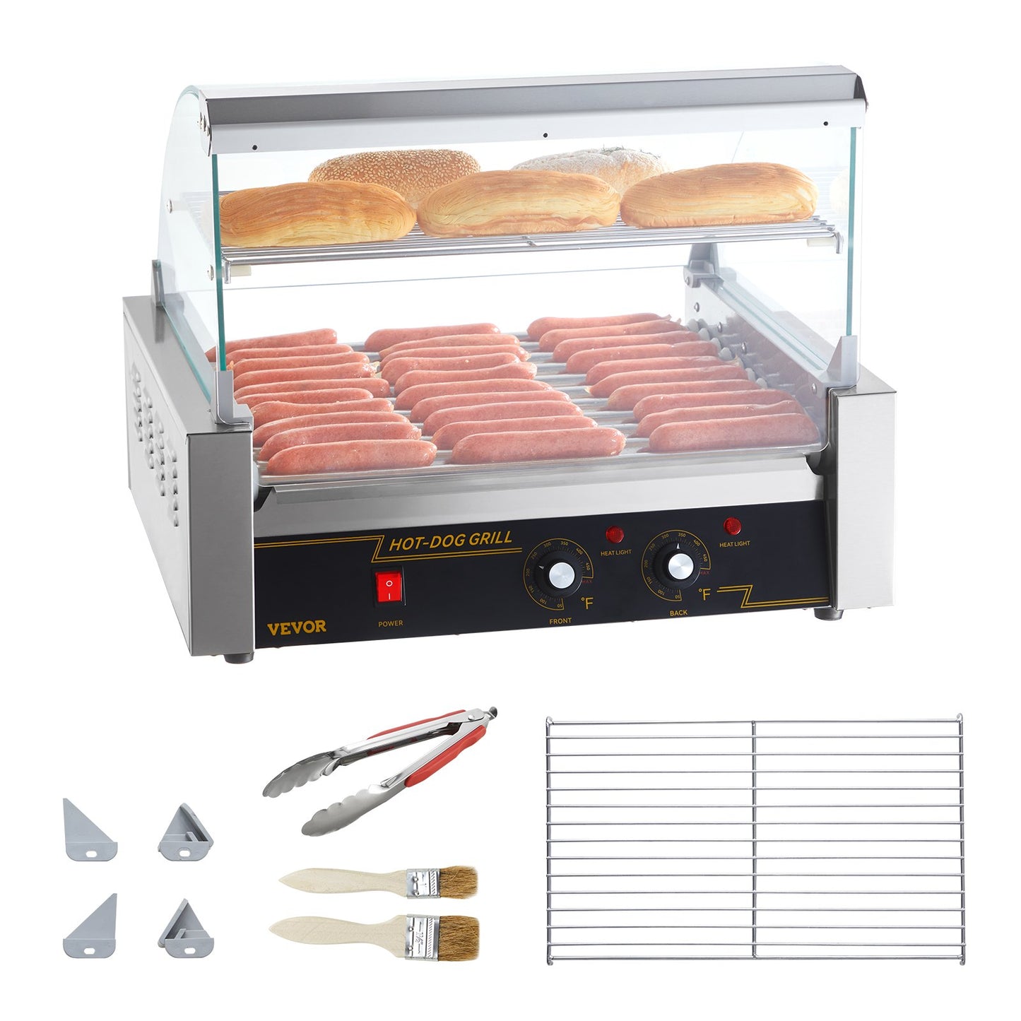 Hot Dog Roller, 11 Rollers 30 Hot Dogs Capacity, 1650W Stainless Sausage Grill Cooker Machine with Dual Temp Control Glass Hood Acrylic Cover Bun Warmer Shelf Removable Drip Tray, ETL Certified