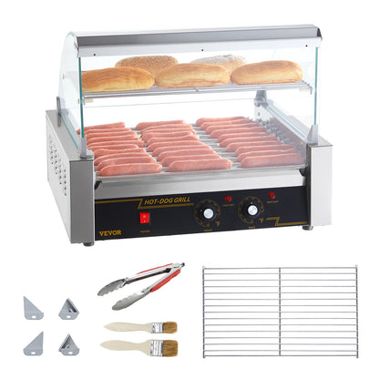 Hot Dog Roller, 11 Rollers 30 Hot Dogs Capacity, 1650W Stainless Sausage Grill Cooker Machine with Dual Temp Control Glass Hood Acrylic Cover Bun Warmer Shelf Removable Drip Tray, ETL Certified