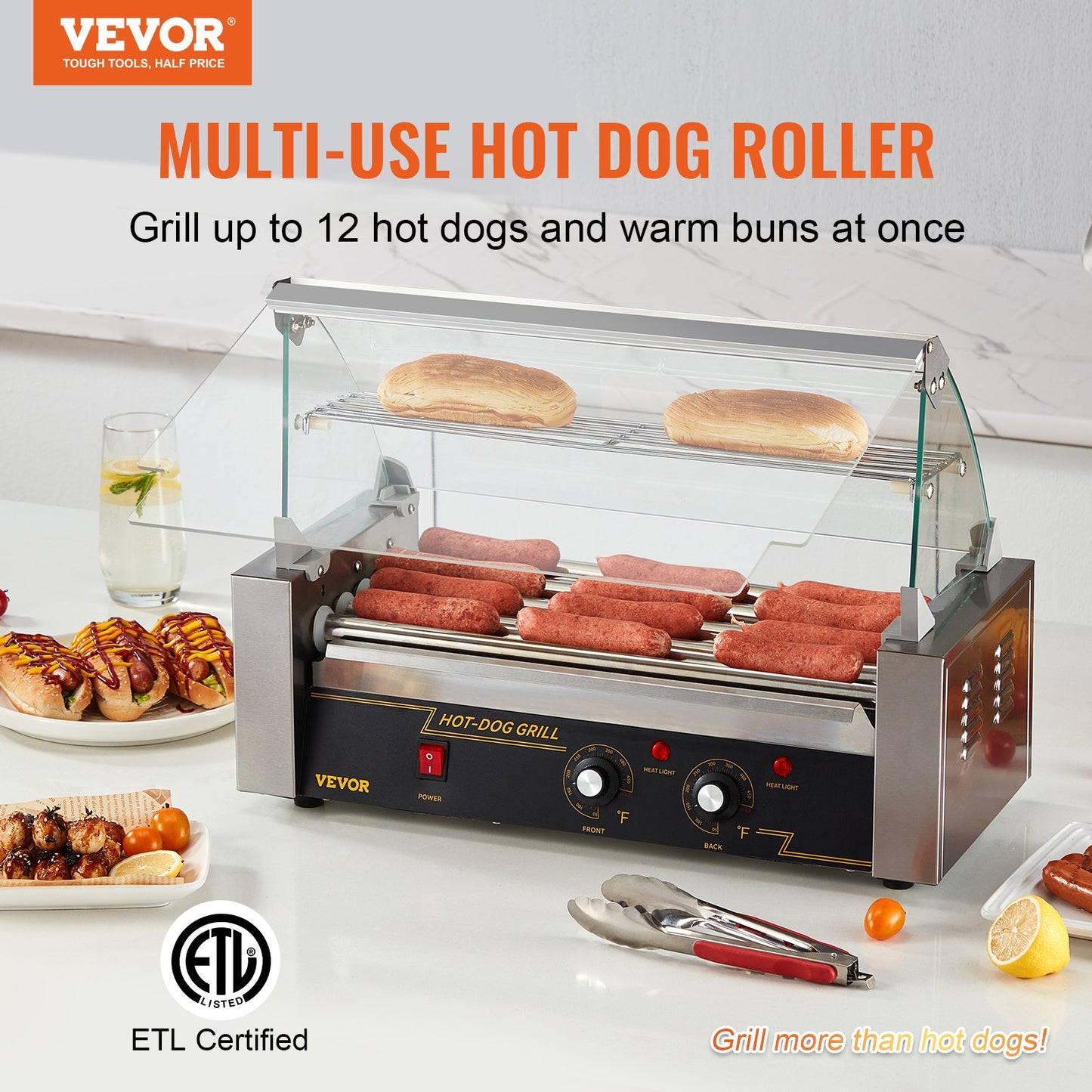 Hot Dog Roller 5 Rollers 12 Hot Dogs Capacity, 750W Stainless Sausage Grill Cooker Machine with Dual Temp Control Glass Hood Acrylic Cover Bun Warmer Shelf Removable Oil Drip Tray ETL Certified