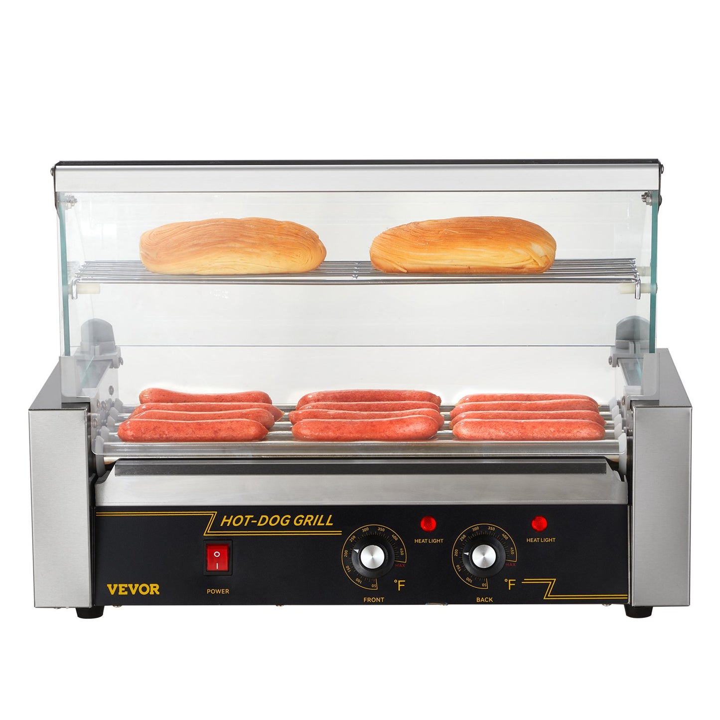 Hot Dog Roller 5 Rollers 12 Hot Dogs Capacity, 750W Stainless Sausage Grill Cooker Machine with Dual Temp Control Glass Hood Acrylic Cover Bun Warmer Shelf Removable Oil Drip Tray ETL Certified