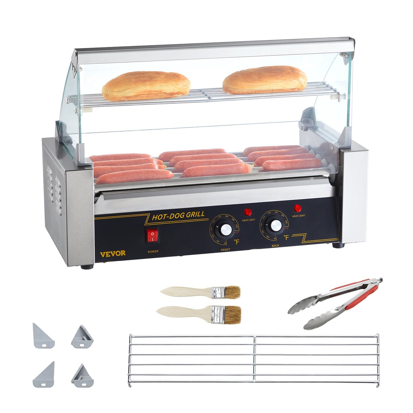 Hot Dog Roller 5 Rollers 12 Hot Dogs Capacity, 750W Stainless Sausage Grill Cooker Machine with Dual Temp Control Glass Hood Acrylic Cover Bun Warmer Shelf Removable Oil Drip Tray ETL Certified