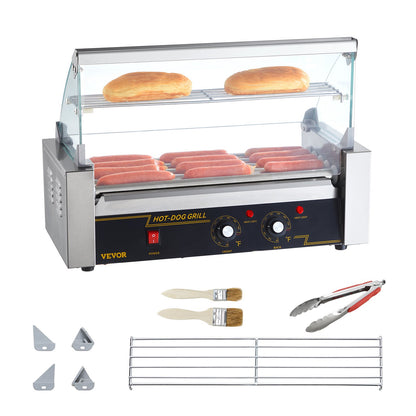 Hot Dog Roller 5 Rollers 12 Hot Dogs Capacity, 750W Stainless Sausage Grill Cooker Machine with Dual Temp Control Glass Hood Acrylic Cover Bun Warmer Shelf Removable Oil Drip Tray ETL Certified