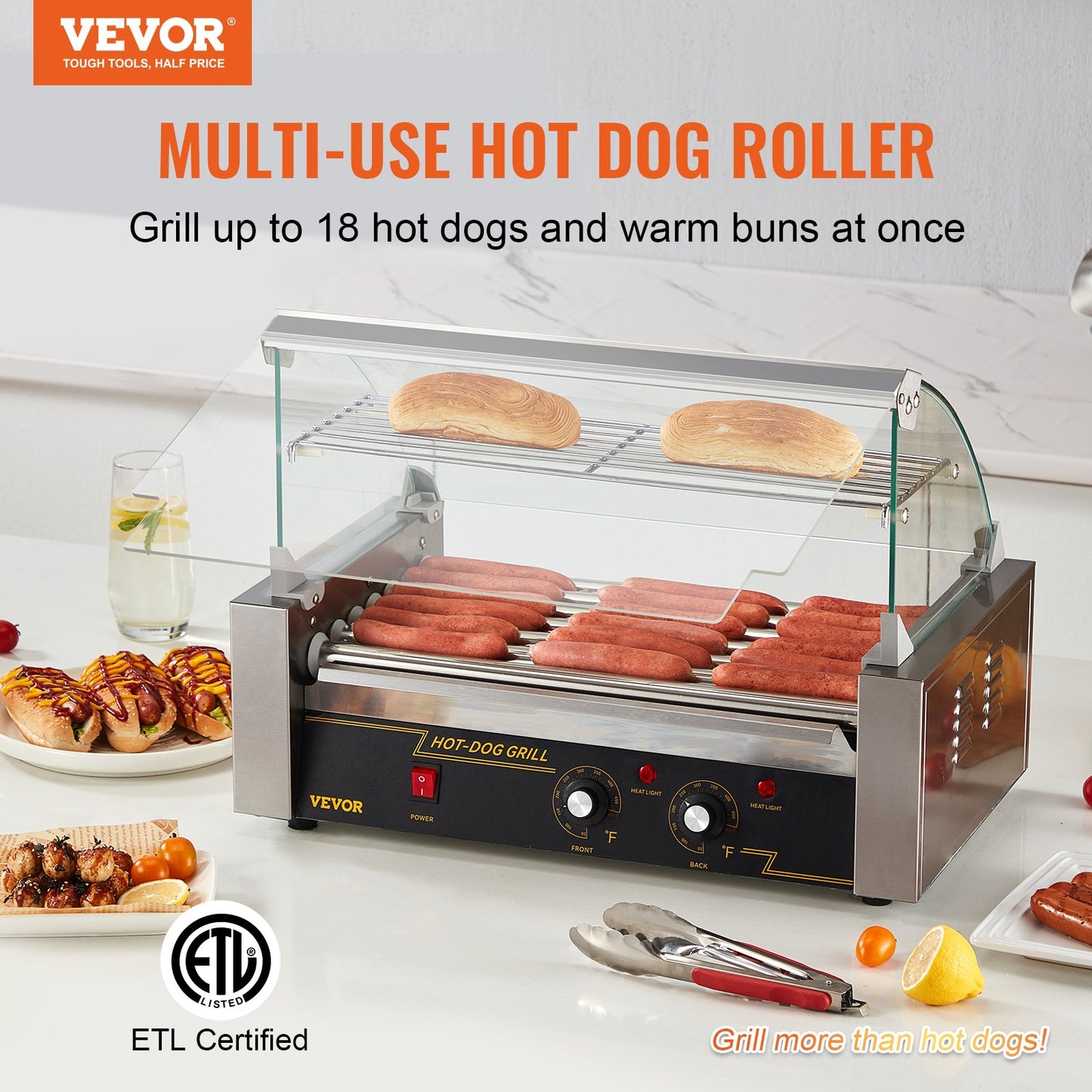 Hot Dog Roller 7 Rollers 18 Hot Dogs Capacity 1050W Stainless Sausage Grill Cooker Machine with Dual Temp Control Glass Hood Acrylic Cover Bun Warmer Shelf Removable Oil Drip Tray, ETL Certified