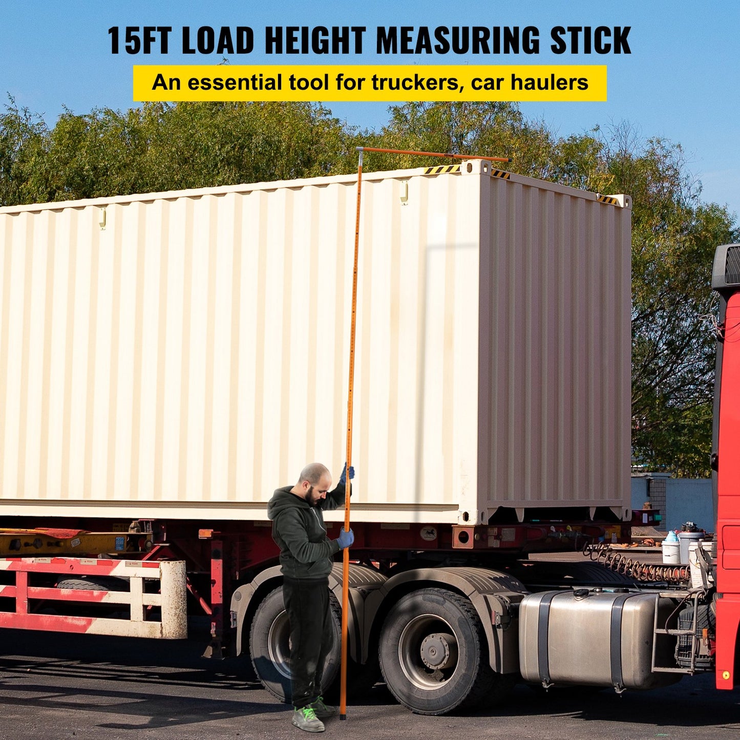 Load Height Measuring Stick, 15\' Sturdy Fiberglass Truck Height Stick with Adjustable Pole, Non-conductive Truck Height Measuring Stick with Carrying Bag, Height Stick for Trucks, Car Haulers