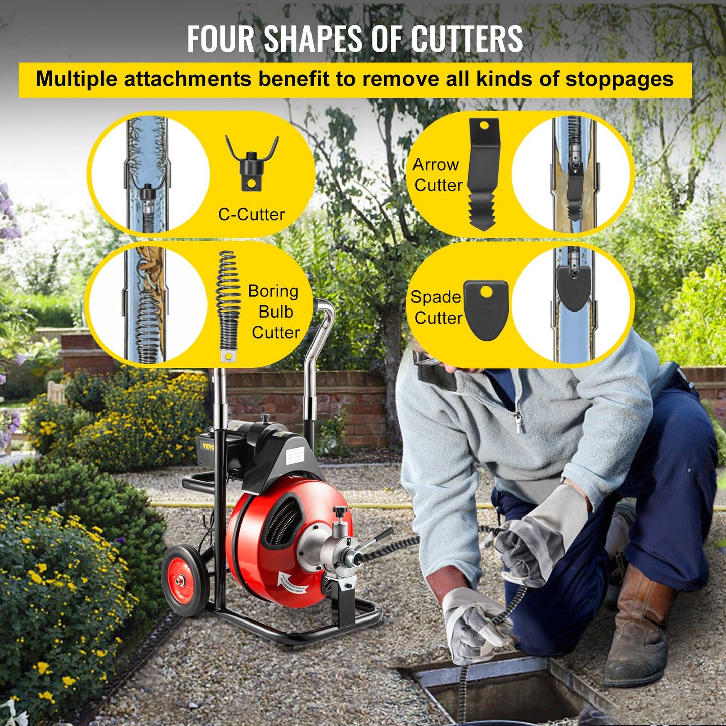 75 Ft x 3/8 Inch Drain Cleaning Machine Fits 1-1/4 Inch (32 mm) to 4 Inch (100 mm) Pipes Drain Cleaning Machine Portable Electric Drain Auger with 2 Sets of Cutters Electric Drain Auger