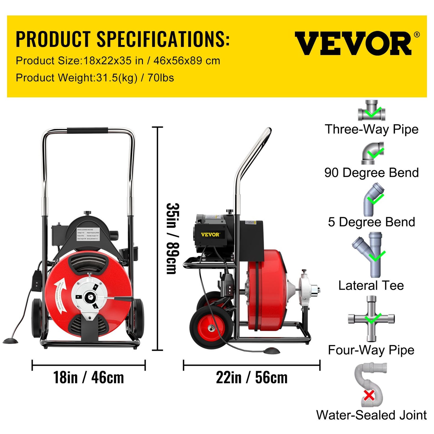 75 Ft x 3/8 Inch Drain Cleaning Machine Fits 1-1/4 Inch (32 mm) to 4 Inch (100 mm) Pipes Drain Cleaning Machine Portable Electric Drain Auger with 2 Sets of Cutters Electric Drain Auger
