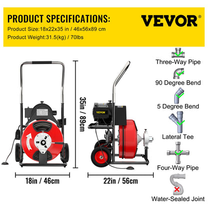 75 Ft x 3/8 Inch Drain Cleaning Machine Fits 1-1/4 Inch (32 mm) to 4 Inch (100 mm) Pipes Drain Cleaning Machine Portable Electric Drain Auger with 2 Sets of Cutters Electric Drain Auger
