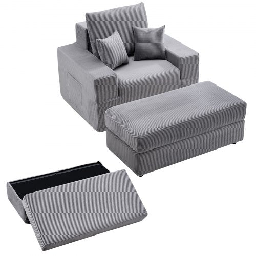 Chaise Lounge Chair, 44 in Boneless Modular Chaise Lounge Indoor, Oversized Corduroy Reading Chair with Throw Pillows & Armrests, Deep Seat Sofa Couch Sleeper for Living Room, Bedroom, Grey
