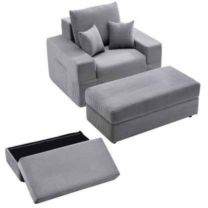 Chaise Lounge Chair, 44 in Boneless Modular Chaise Lounge Indoor, Oversized Corduroy Reading Chair with Throw Pillows & Armrests, Deep Seat Sofa Couch Sleeper for Living Room, Bedroom, Grey
