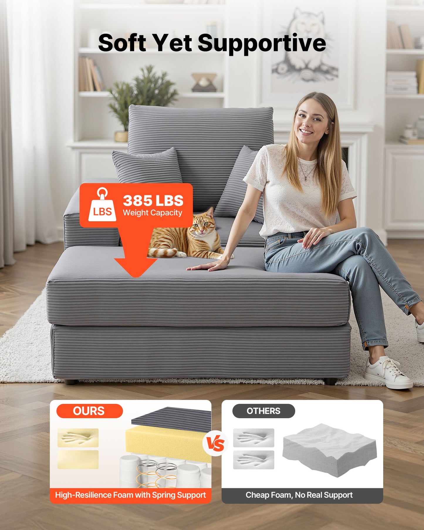 Chaise Lounge Chair, 44 in Boneless Modular Chaise Lounge Indoor, Oversized Corduroy Reading Chair with Throw Pillows & Armrests, Deep Seat Sofa Couch Sleeper for Living Room, Bedroom, Grey