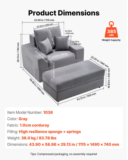 Chaise Lounge Chair, 44 in Boneless Modular Chaise Lounge Indoor, Oversized Corduroy Reading Chair with Throw Pillows & Armrests, Deep Seat Sofa Couch Sleeper for Living Room, Bedroom, Grey