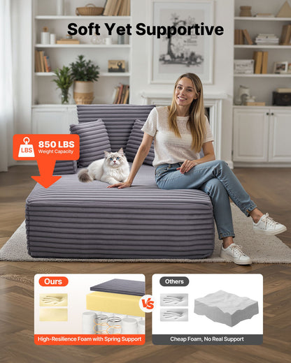 Chaise Lounge Chair, 54 in Boneless Chaise Lounge Indoor, Modern Upholstered Oversized Reading Chair with Throw Pillows & Armrests, Sofa Couch Deep Seat Sleeper for Living Room, Bedroom, Grey