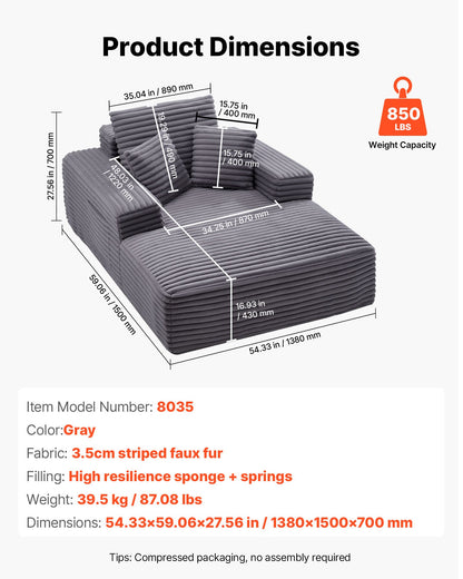 Chaise Lounge Chair, 54 in Boneless Chaise Lounge Indoor, Modern Upholstered Oversized Reading Chair with Throw Pillows & Armrests, Sofa Couch Deep Seat Sleeper for Living Room, Bedroom, Grey