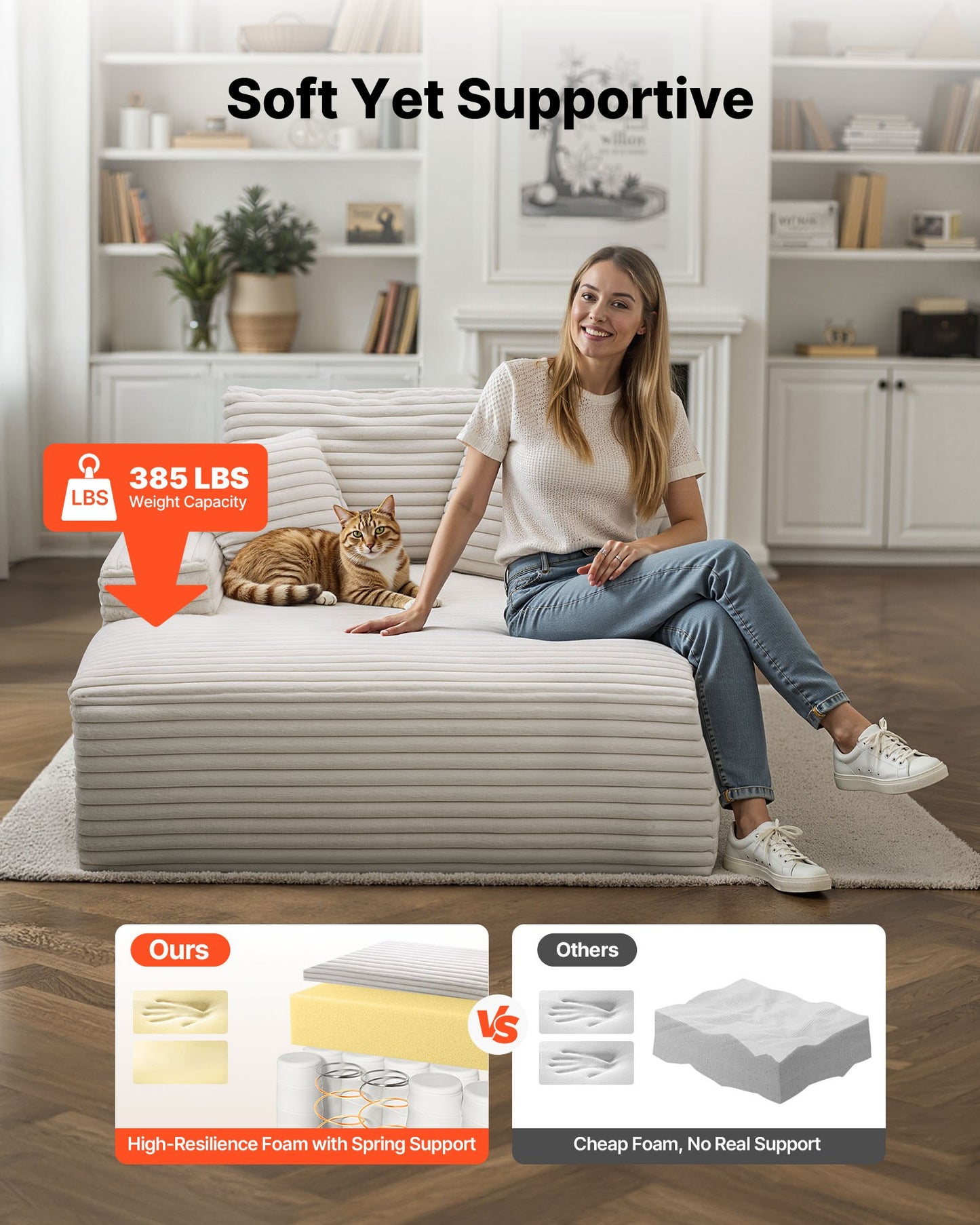 Chaise Lounge Chair, 54 in Boneless Chaise Lounge Indoor, Modern Upholstered Oversized Reading Chair with Throw Pillows & Armrests, Sofa Couch Deep Seat Sleeper for Living Room, Bedroom, Beige