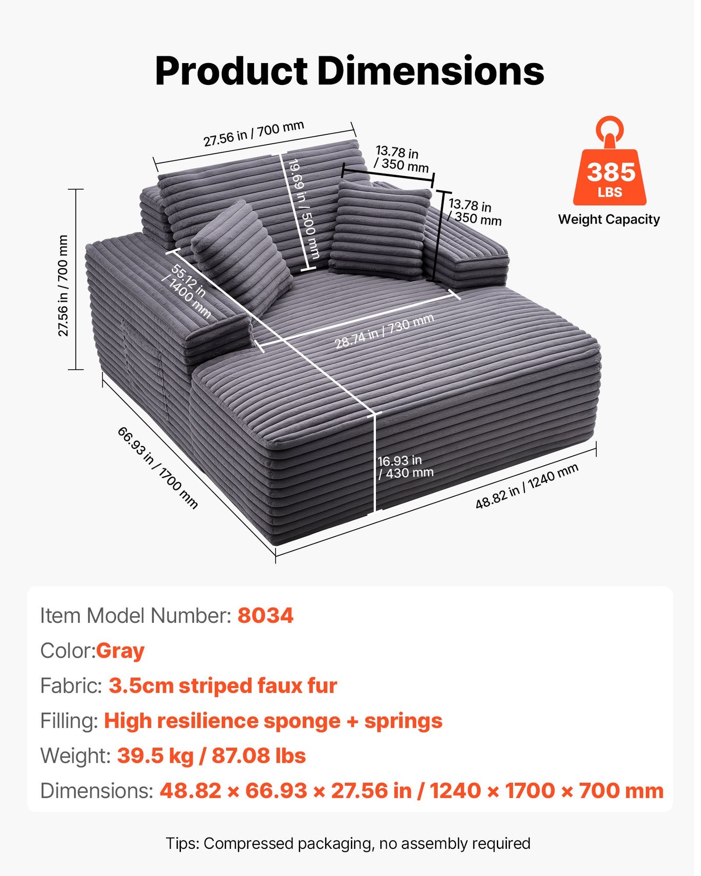 Chaise Lounge Chair, 48 in Boneless Chaise Lounge Indoor, Modern Upholstered Oversized Reading Chair with Throw Pillows & Armrests, Sofa Couch Deep Seat Sleeper for Living Room, Bedroom, Balcony