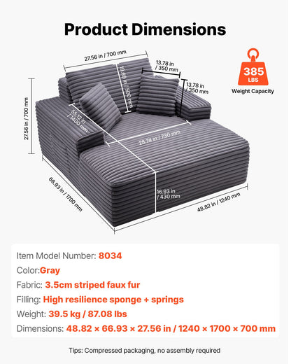 Chaise Lounge Chair, 48 in Boneless Chaise Lounge Indoor, Modern Upholstered Oversized Reading Chair with Throw Pillows & Armrests, Sofa Couch Deep Seat Sleeper for Living Room, Bedroom, Balcony