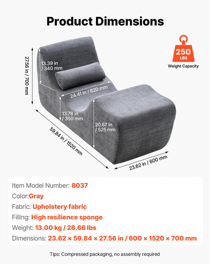 Yoga Chair Chaise, Ergonomic Chaise Lounge Chair for Yoga, Modern Boneless Curved Foam Lounge Indoor for Massage, Stretching, Relaxation, Exercise, Used in Living Room, Bedroom, Balcony, Grey