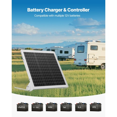 20W 12V solcellsbatteri underhållsladdare, mono solpanel batteriladdare med inbyggd MPPT-kontroller och justerbar monteringsfäste, IP65 vattentät för bil båt husvagn hustak |  EU